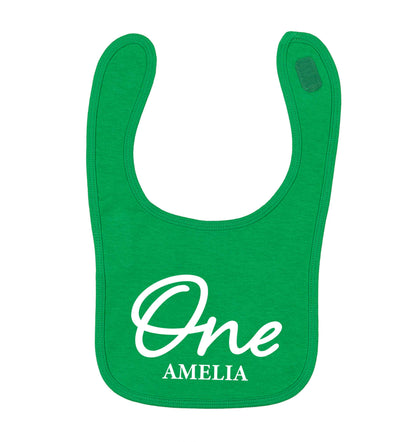 Personalised age and name green baby bib
