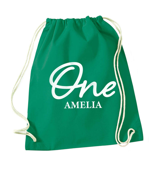 Personalised age and name green drawstring bag