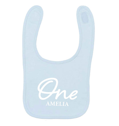 Personalised age and name pale blue baby bib
