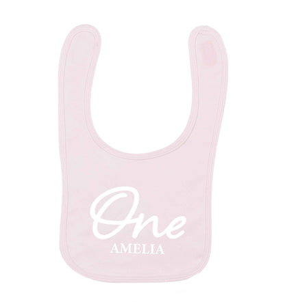 Personalised age and name pale pink baby bib