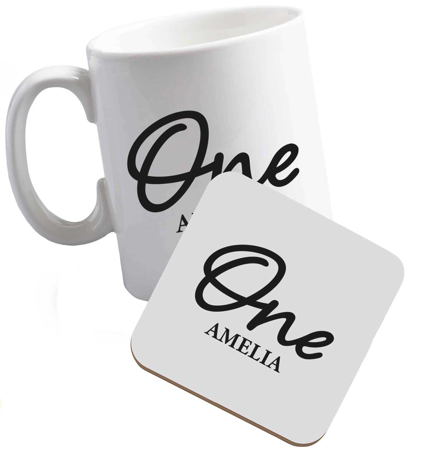 10 oz Personalised age and name ceramic mug and coaster set right handed