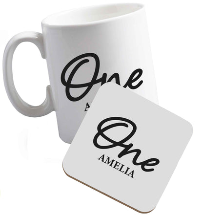 10 oz Personalised age and name ceramic mug and coaster set right handed