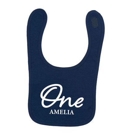 Personalised age and name navy baby bib