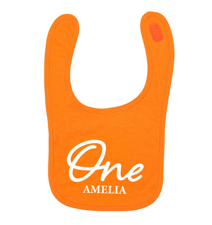 Personalised age and name orange baby bib