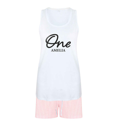 Personalised age and name size XL women's pyjama shorts set in pink 