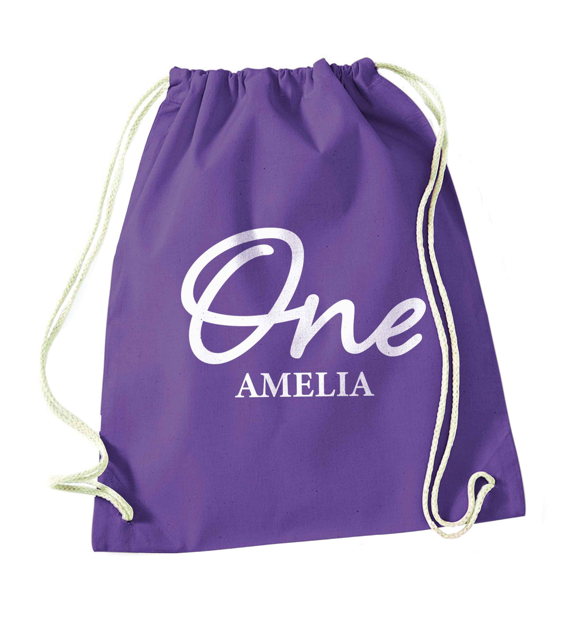 Personalised age and name purple drawstring bag