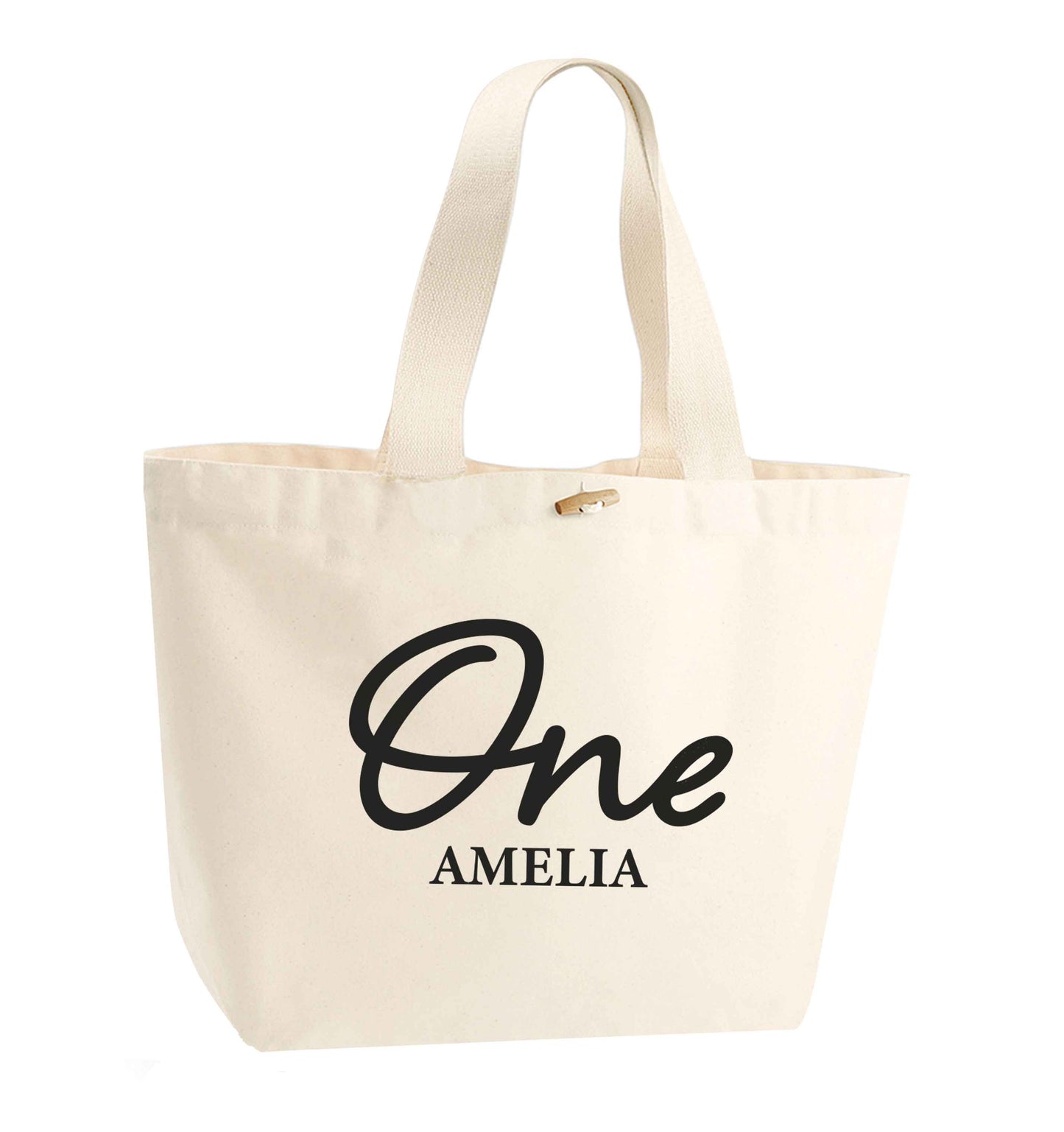 Personalised age and name organic cotton premium tote bag with wooden toggle in natural