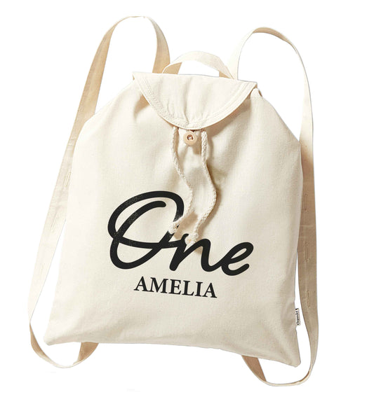 Personalised age and name organic cotton backpack tote with wooden buttons in natural