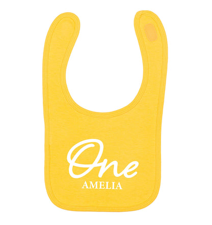 Personalised age and name yellow baby bib