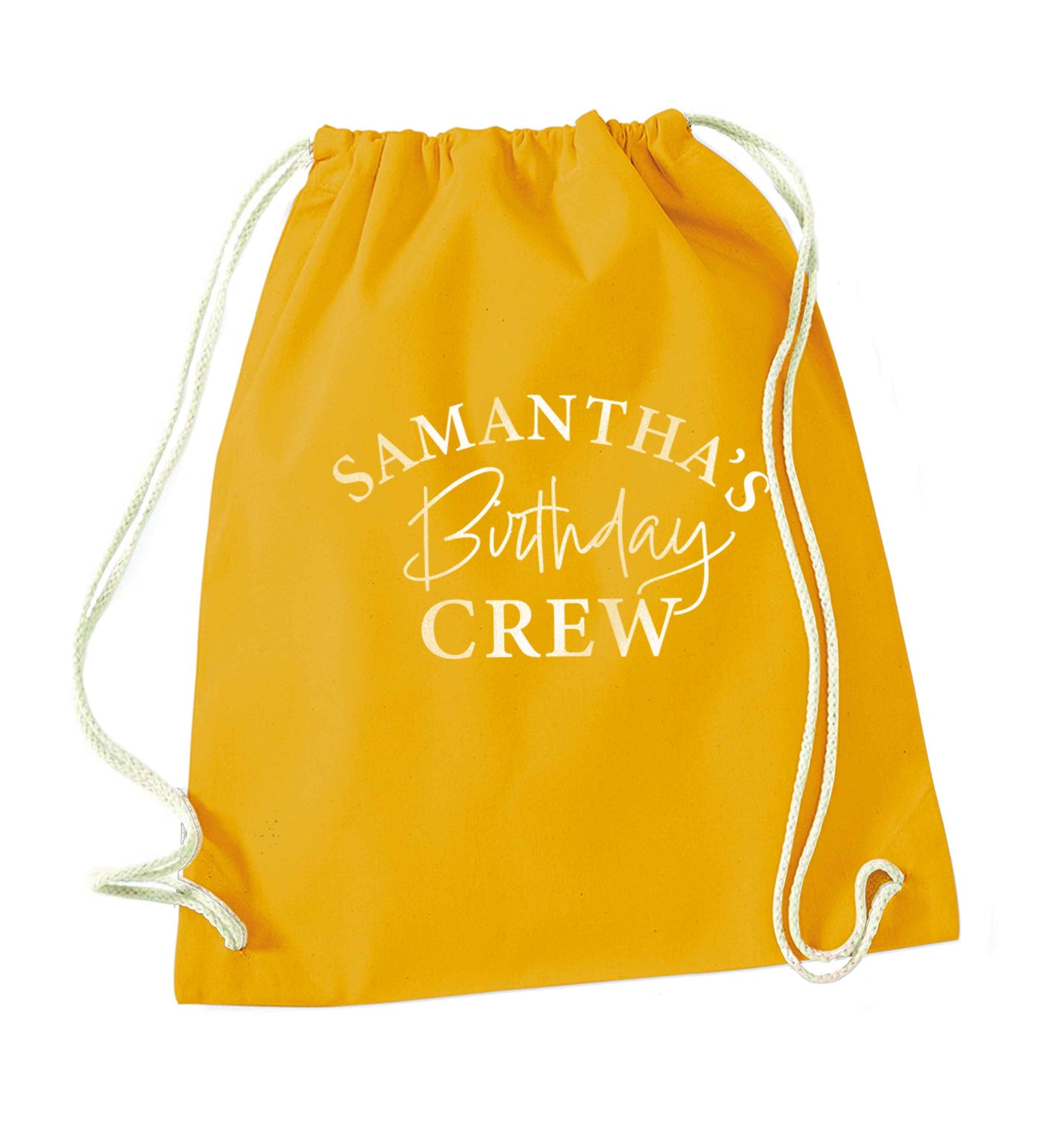 Personalised birthday crew mustard drawstring bag