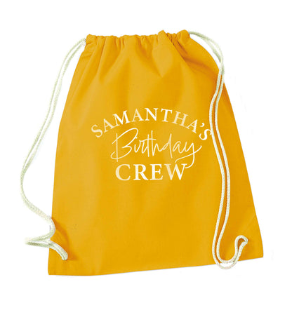Personalised birthday crew mustard drawstring bag