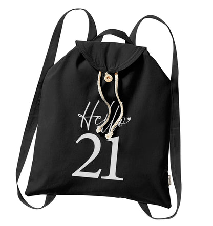 Hello 21 organic cotton backpack tote with wooden buttons in black