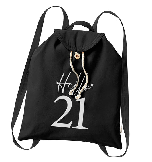 Hello 21 organic cotton backpack tote with wooden buttons in black