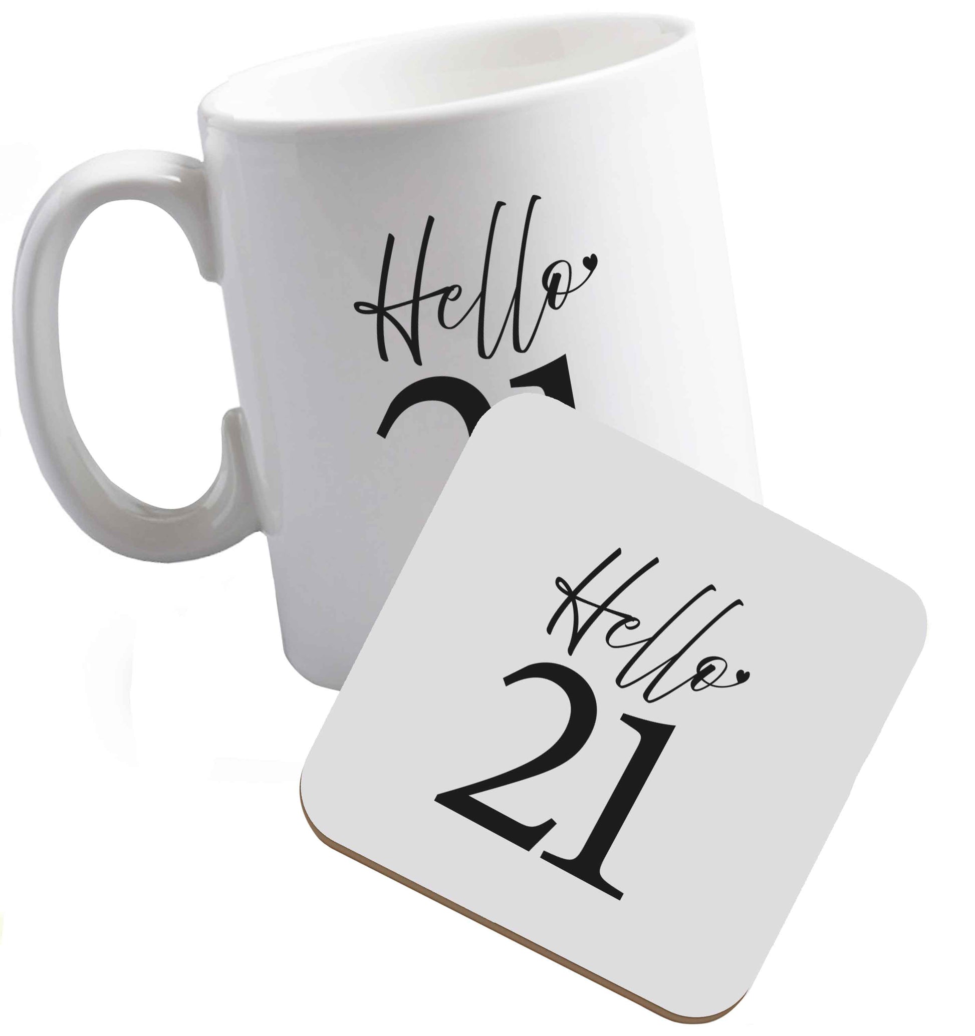 10 oz Hello 21 ceramic mug and coaster set right handed