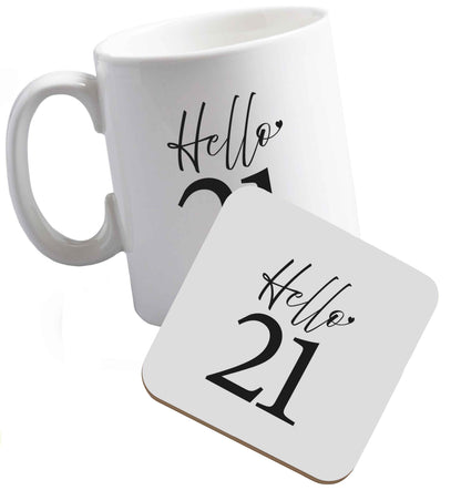 10 oz Hello 21 ceramic mug and coaster set right handed