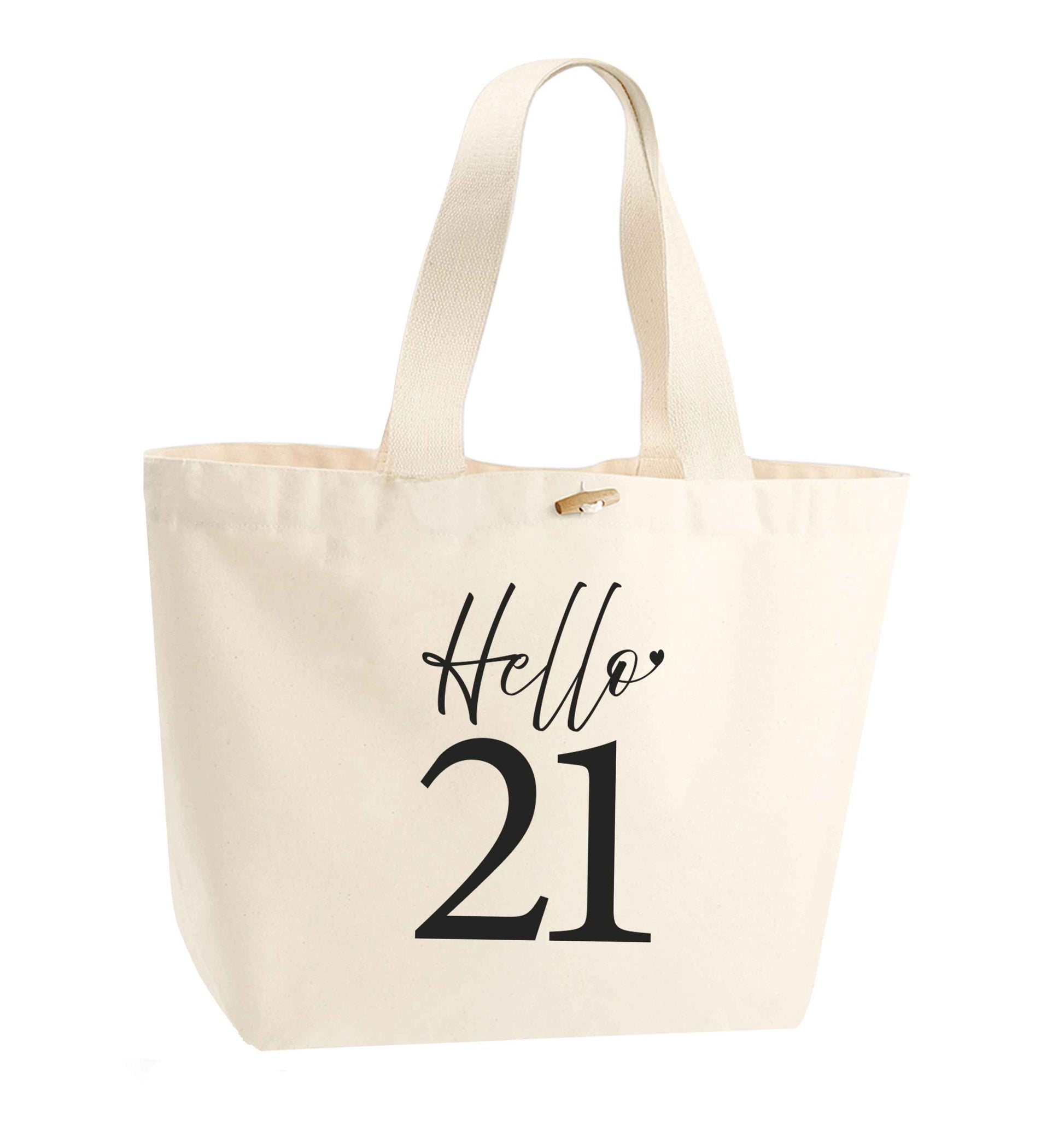 Hello 21 organic cotton premium tote bag with wooden toggle in natural