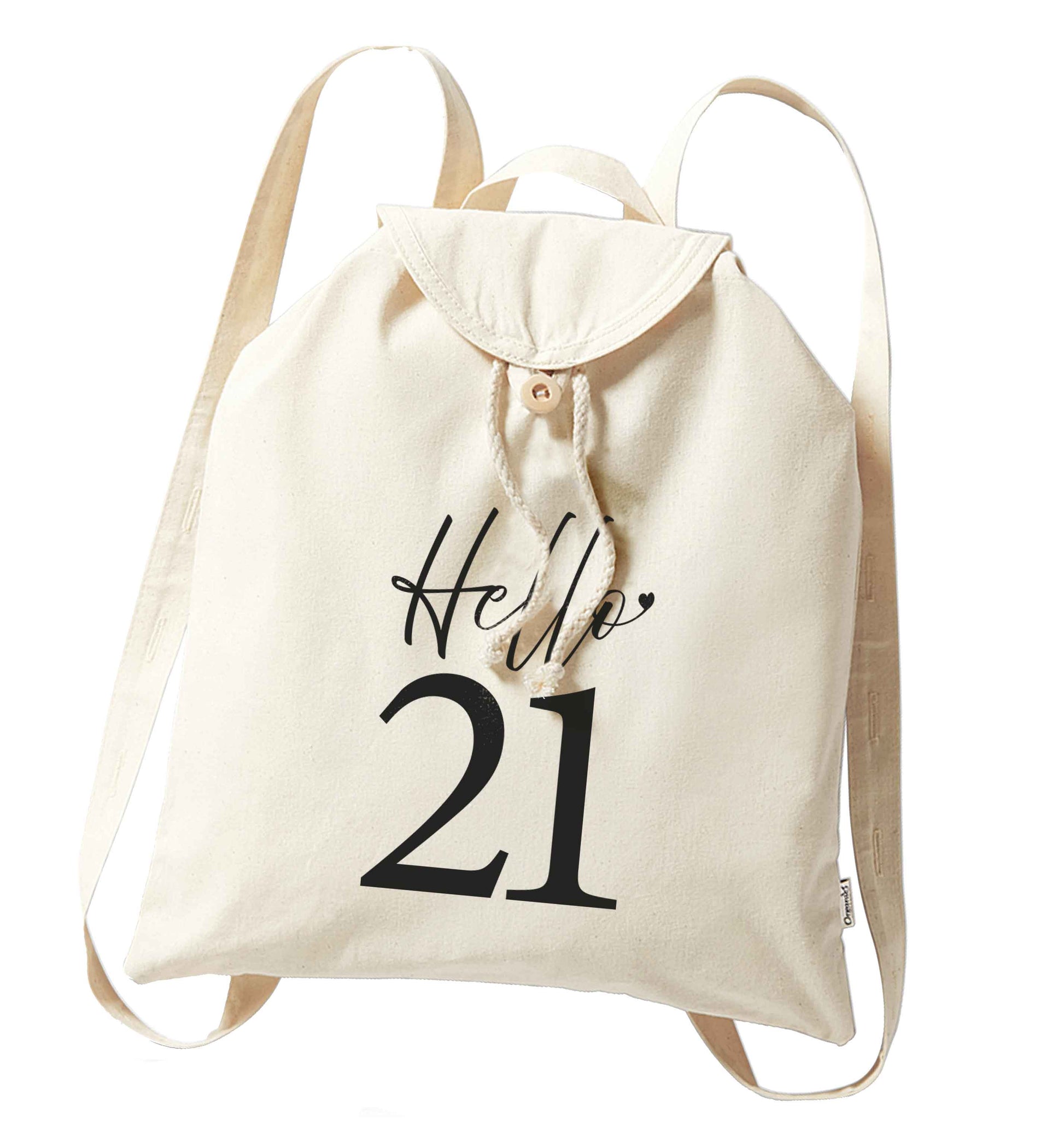 Hello 21 organic cotton backpack tote with wooden buttons in natural