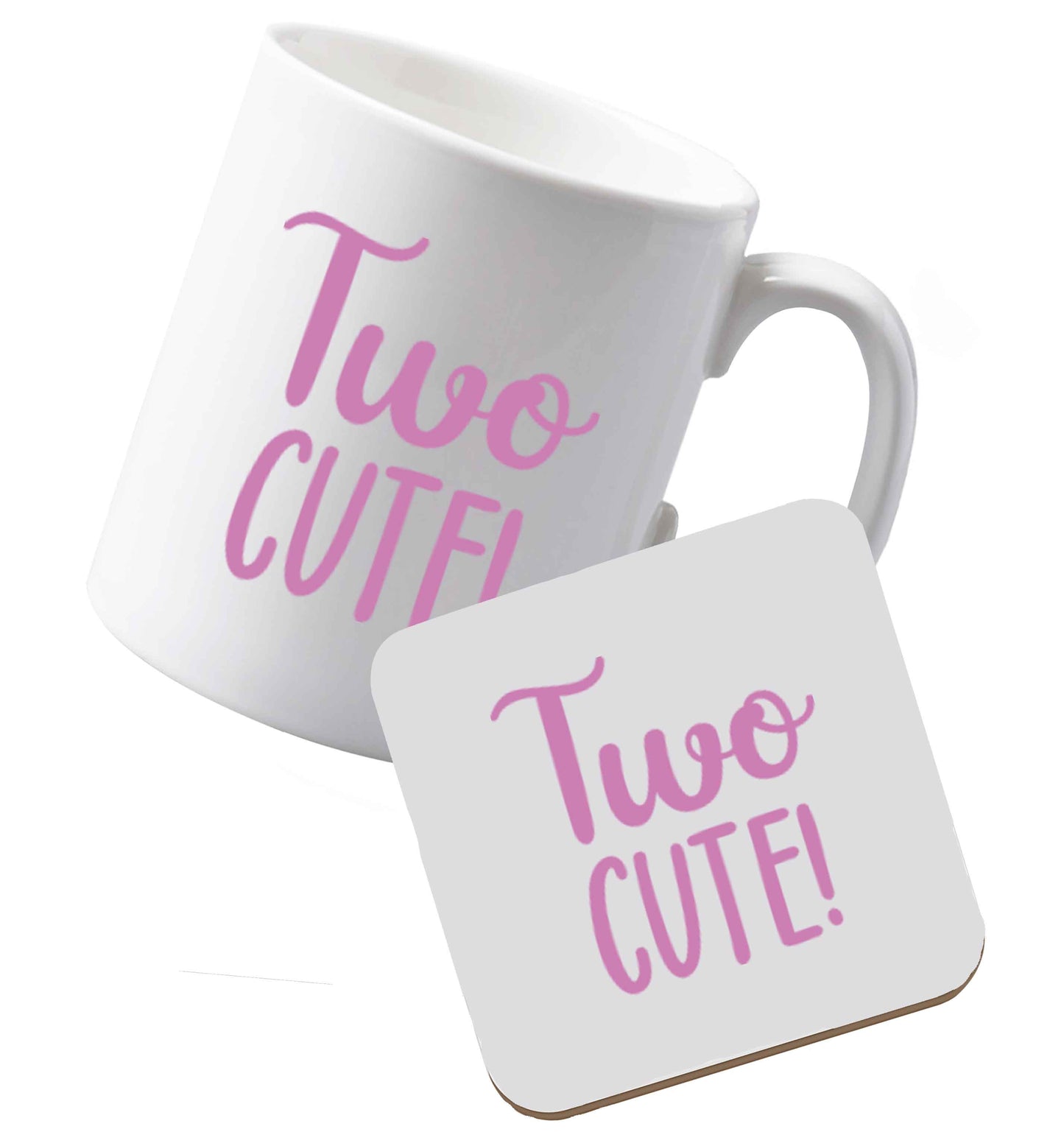 10 oz Ceramic mug and coaster Two cute pink text left sided