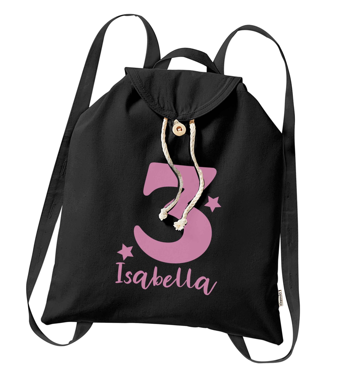 Any age, any name personalised birthday organic cotton backpack tote with wooden buttons in black