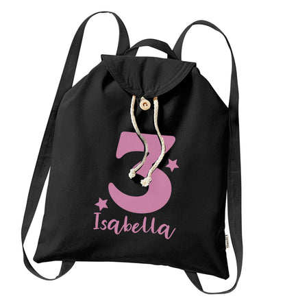 Any age, any name personalised birthday organic cotton backpack tote with wooden buttons in black