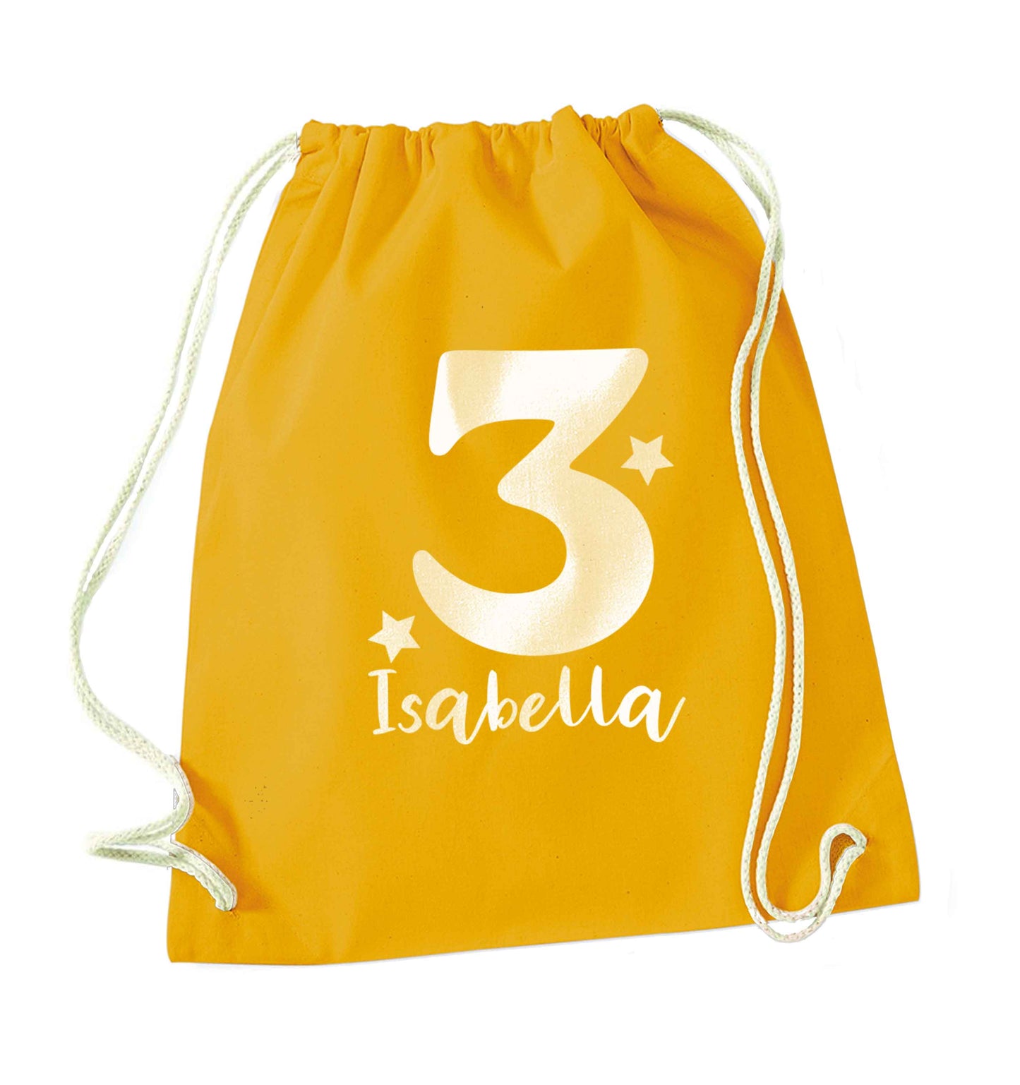 Any age, any name personalised birthday mustard drawstring bag