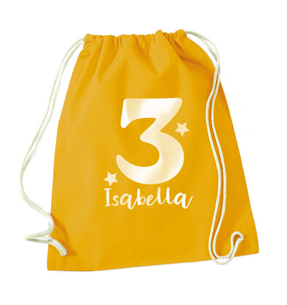 Any age, any name personalised birthday mustard drawstring bag