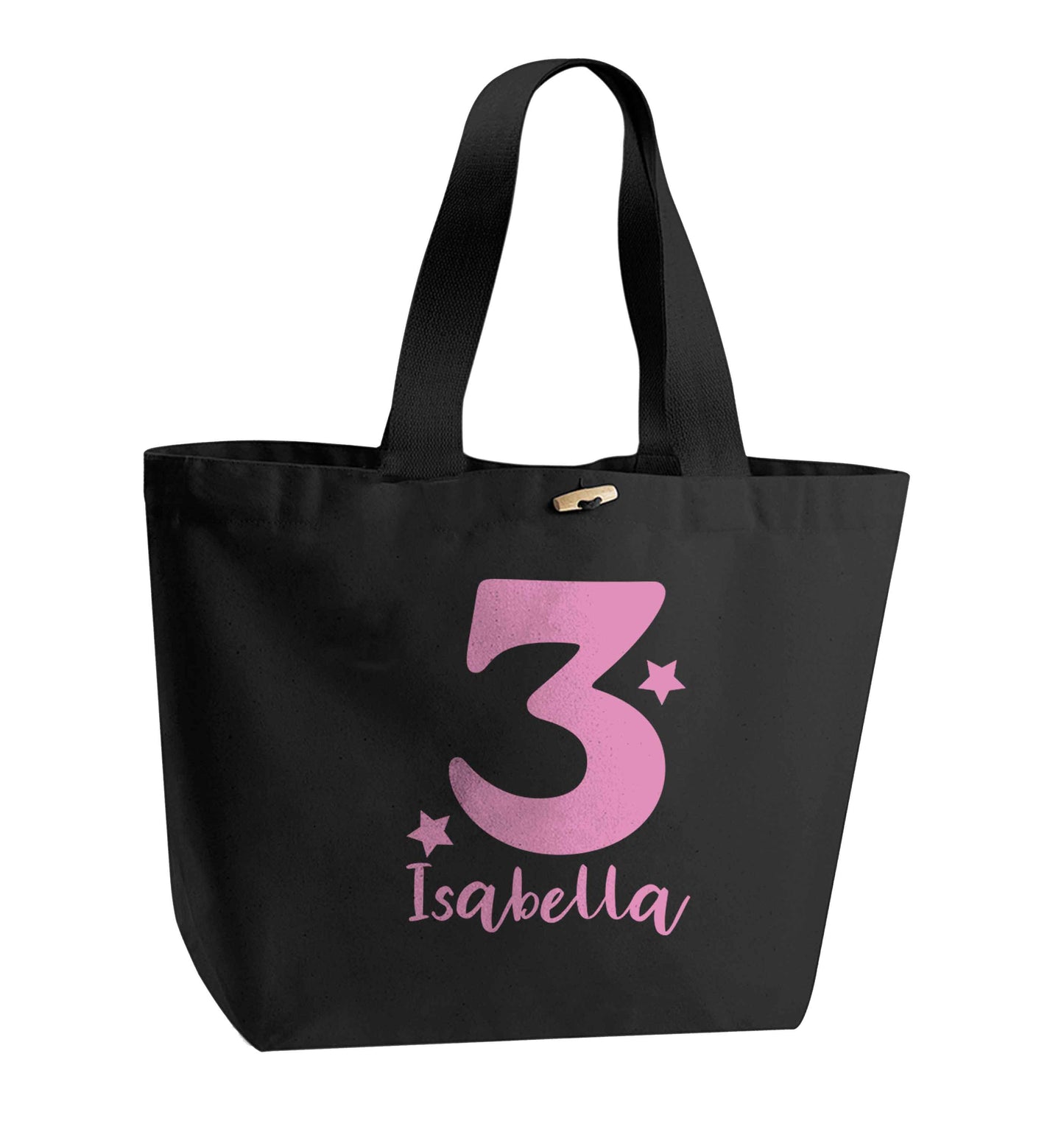 Any age, any name personalised birthday organic cotton premium tote bag with wooden toggle in black
