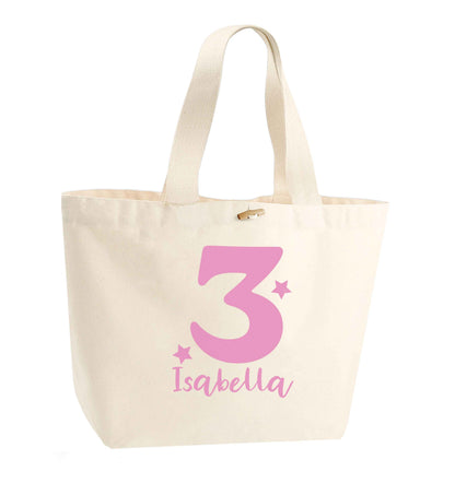 Any age, any name personalised birthday organic cotton premium tote bag with wooden toggle in natural