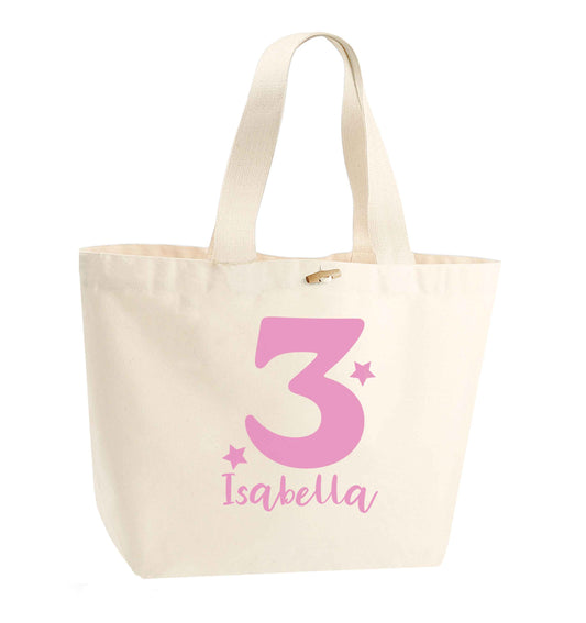 Any age, any name personalised birthday organic cotton premium tote bag with wooden toggle in natural