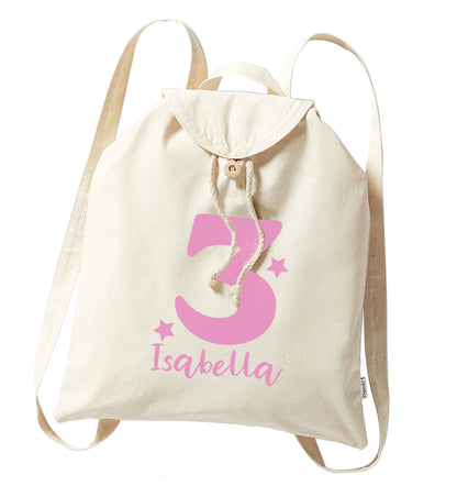 Any age, any name personalised birthday organic cotton backpack tote with wooden buttons in natural
