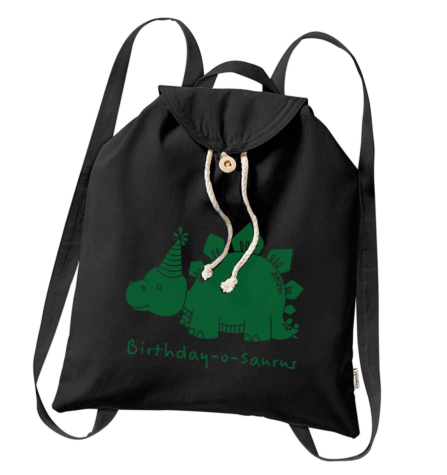Birthday-o-saurus organic cotton backpack tote with wooden buttons in black