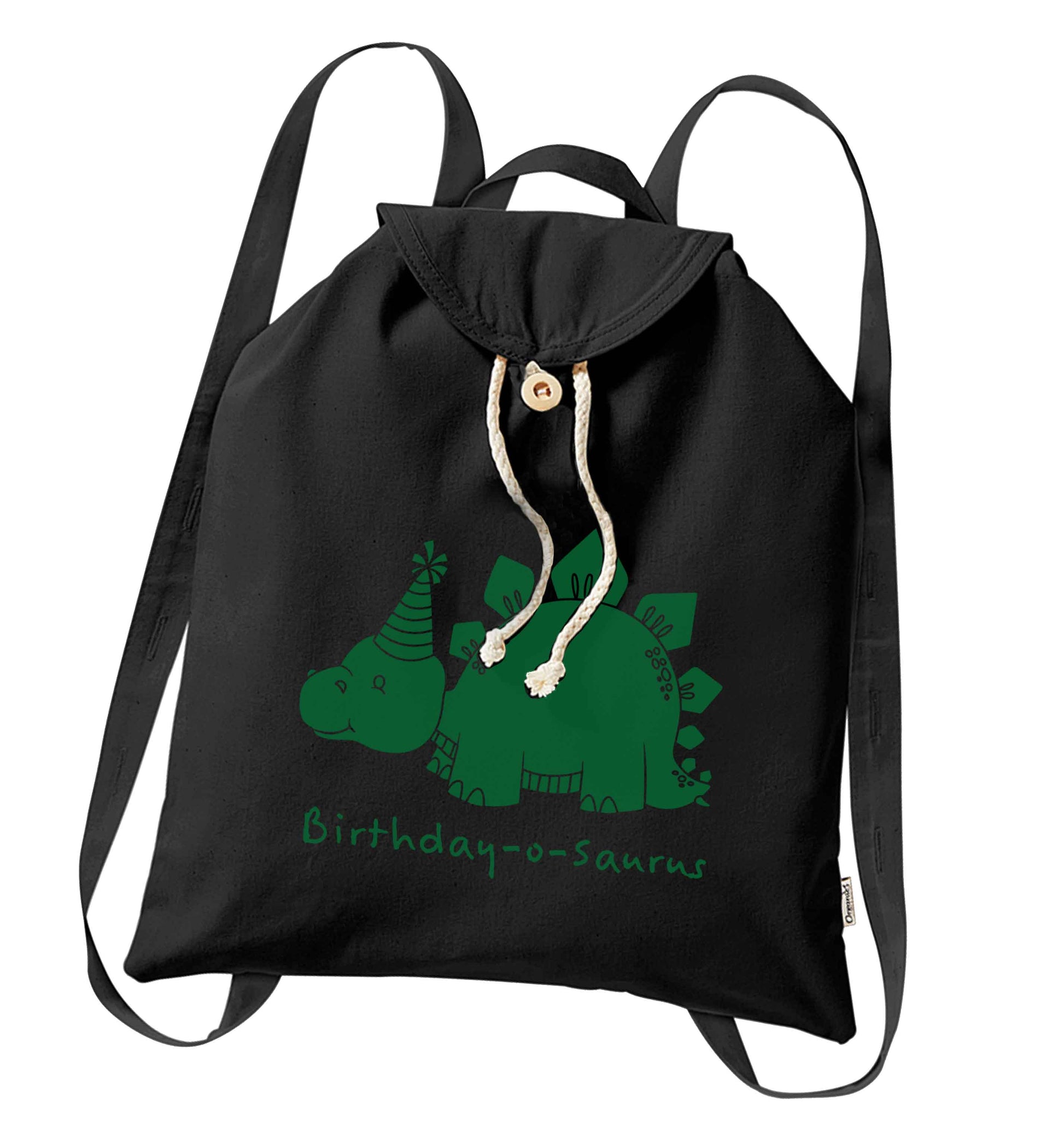 Birthday-o-saurus organic cotton backpack tote with wooden buttons in black
