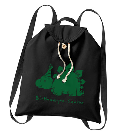 Birthday-o-saurus organic cotton backpack tote with wooden buttons in black