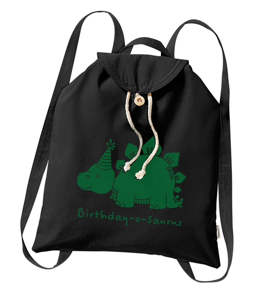 Birthday-o-saurus organic cotton backpack tote with wooden buttons in black