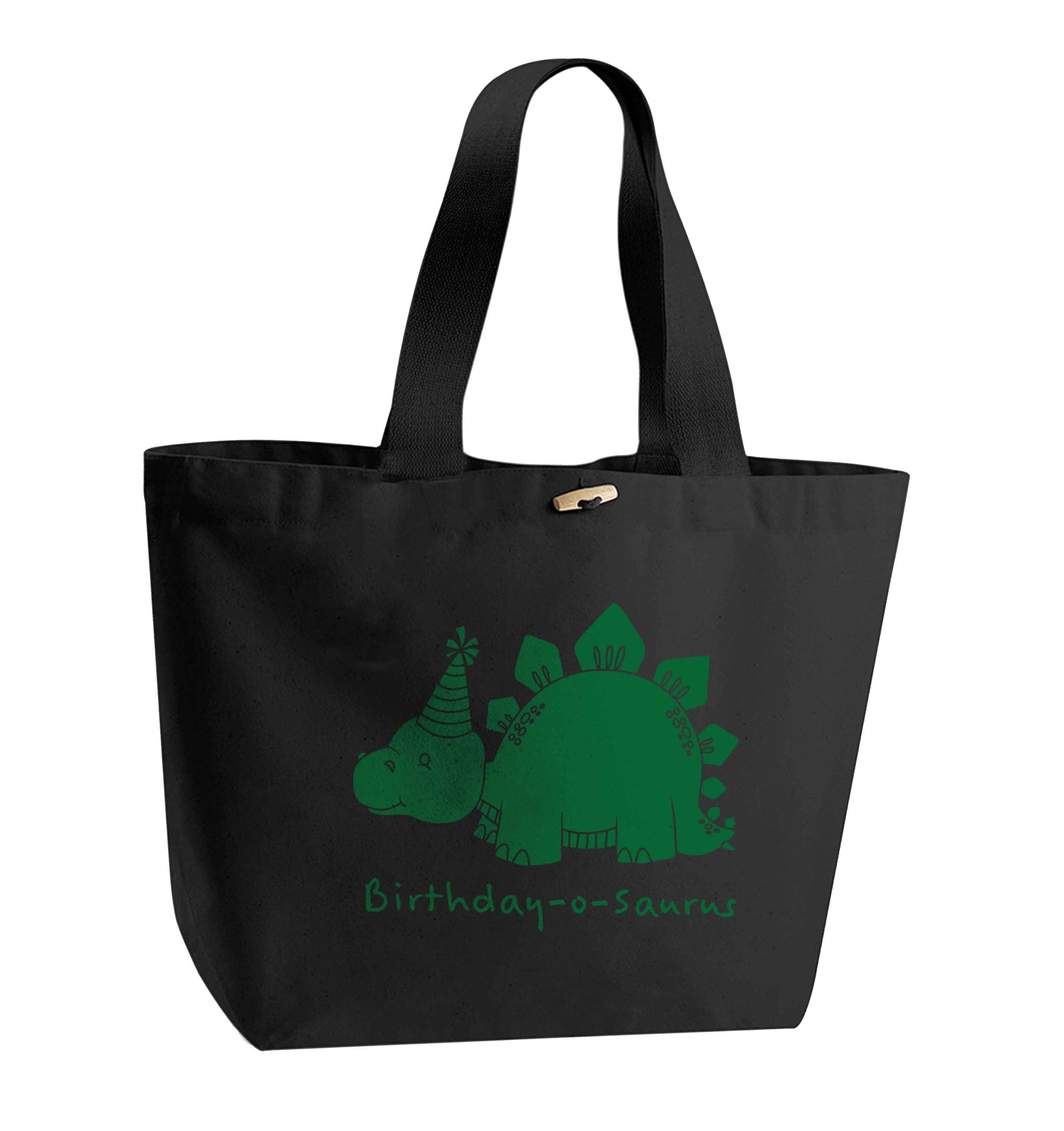 Birthday-o-saurus organic cotton premium tote bag with wooden toggle in black