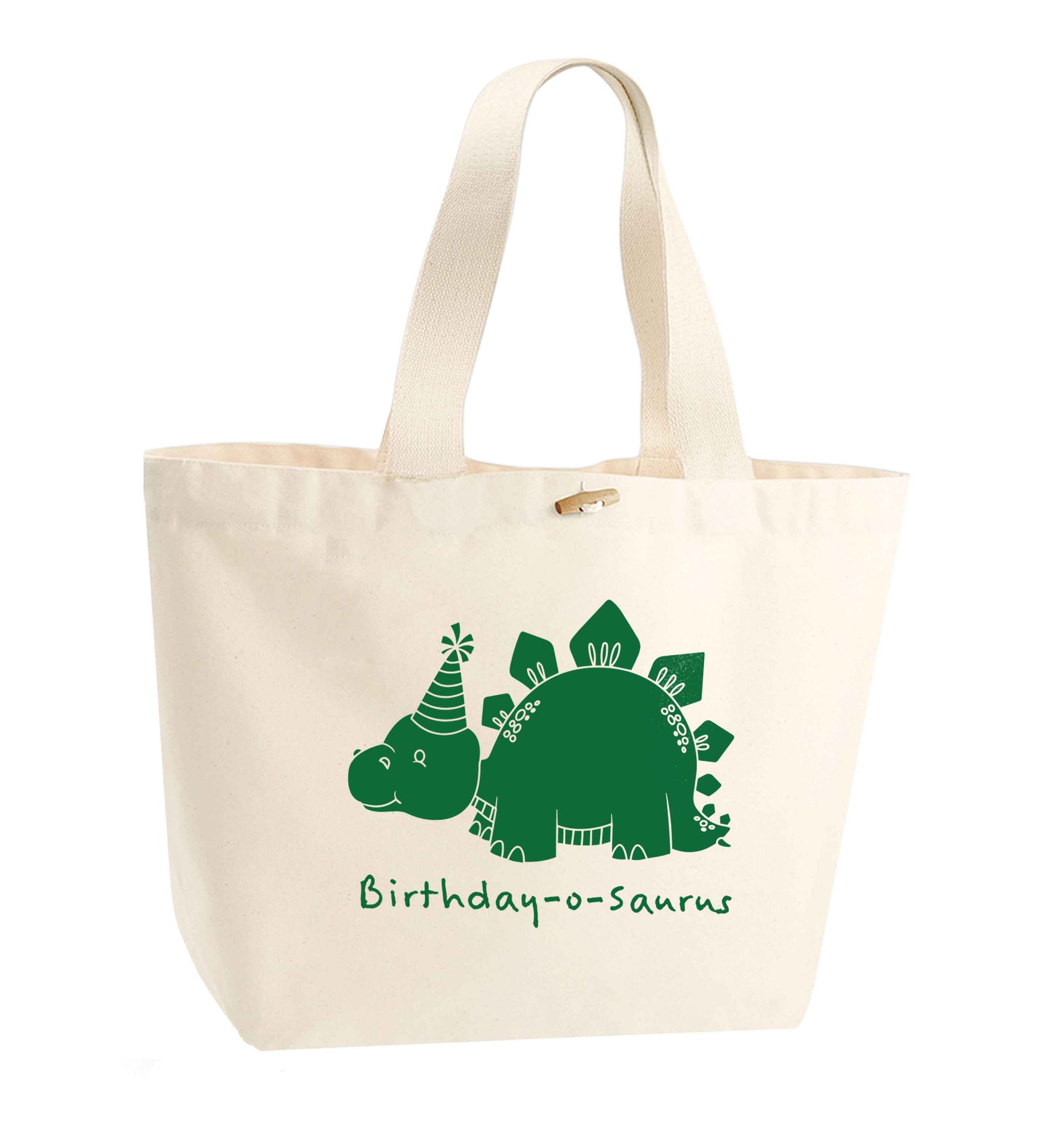 Birthday-o-saurus organic cotton premium tote bag with wooden toggle in natural