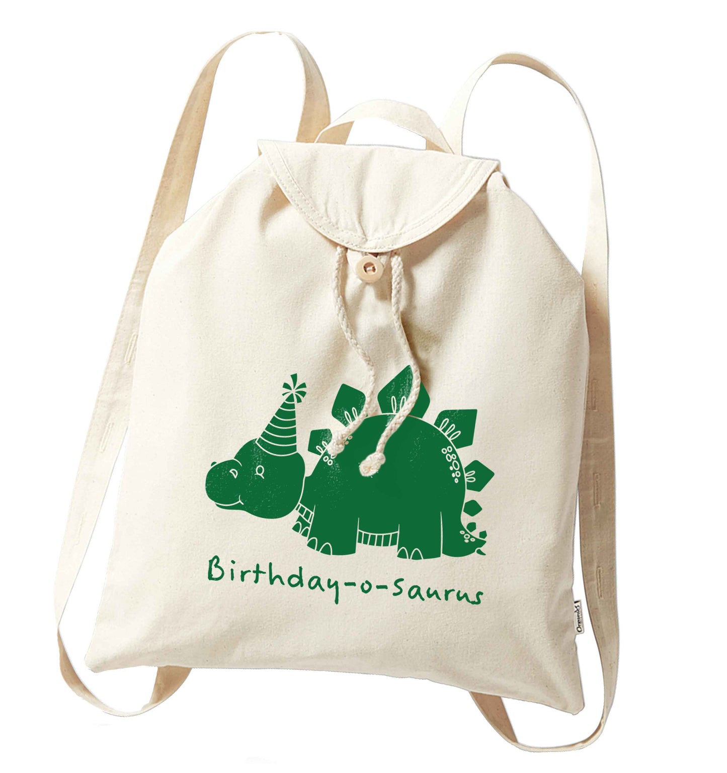 Birthday-o-saurus organic cotton backpack tote with wooden buttons in natural