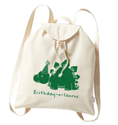 Birthday-o-saurus organic cotton backpack tote with wooden buttons in natural