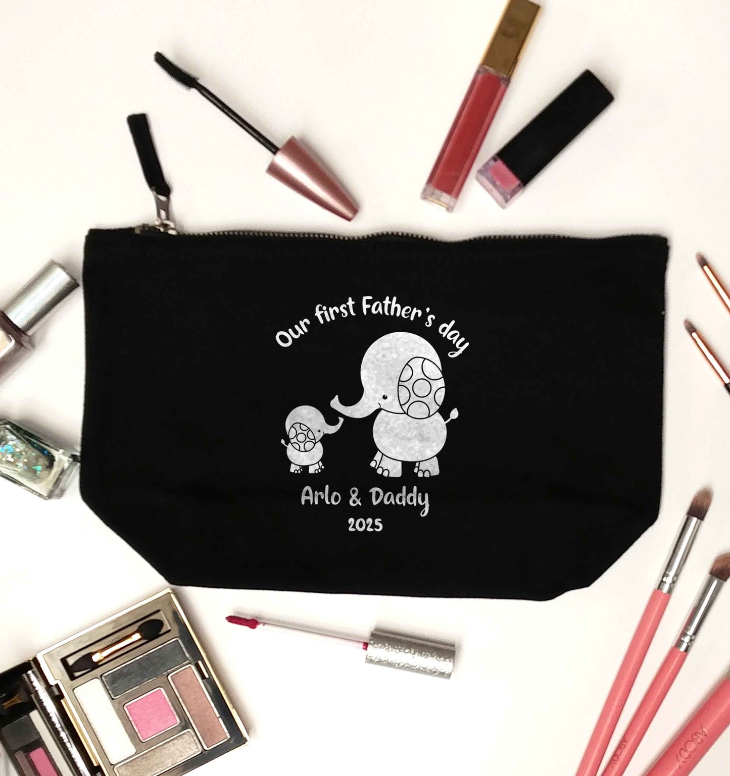 Our first Father's day personalised date and names black makeup bag