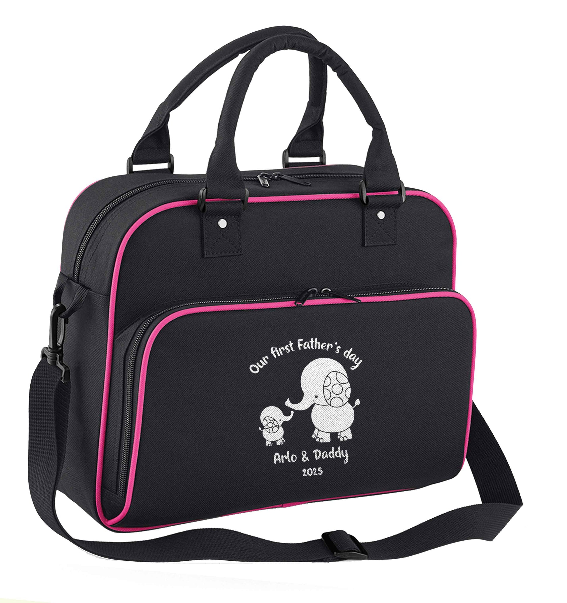 Our first Father's day personalised date and names children's dance bag black with pink detail