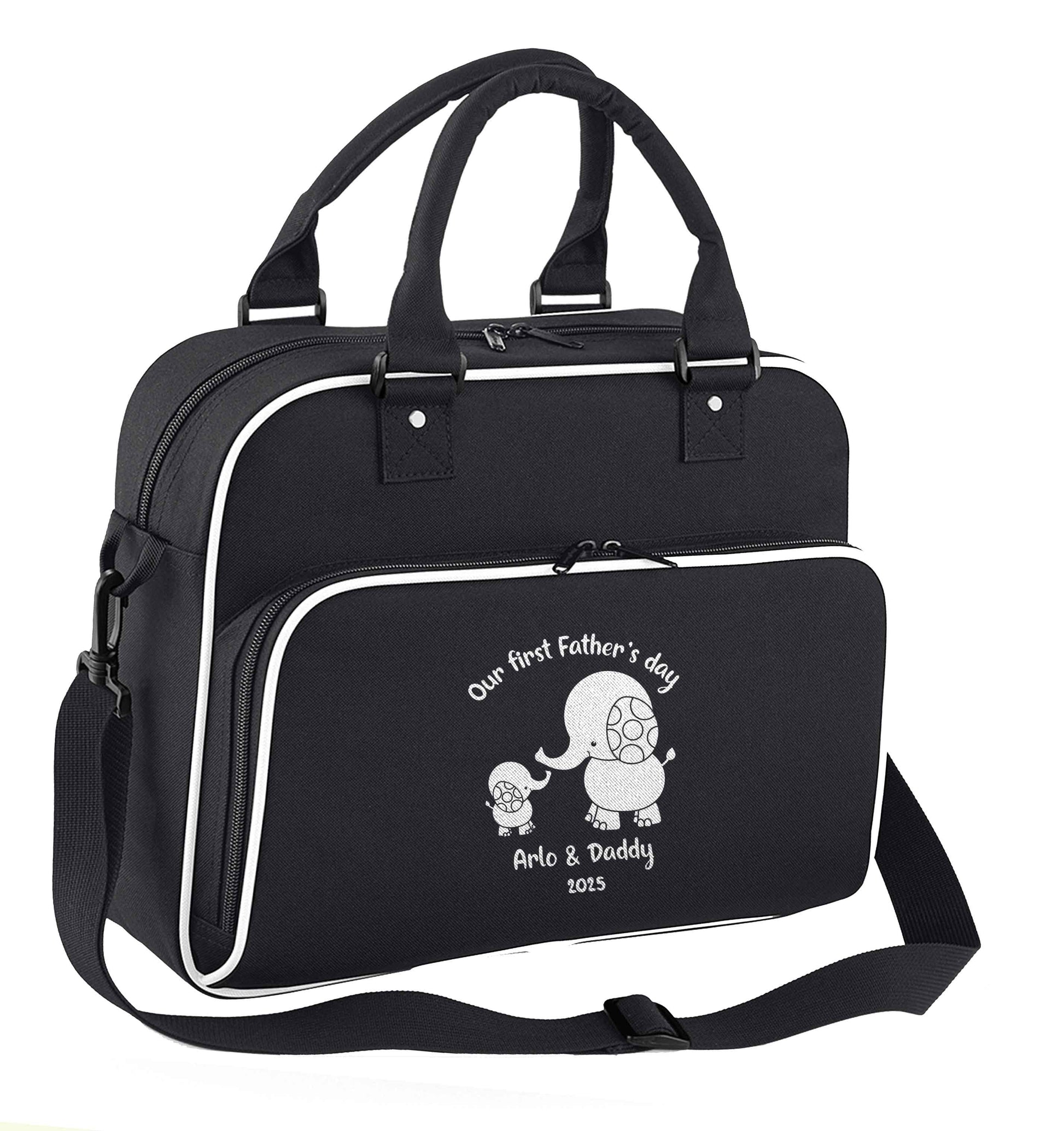 Our first Father's day personalised date and names children's dance bag black with white detail