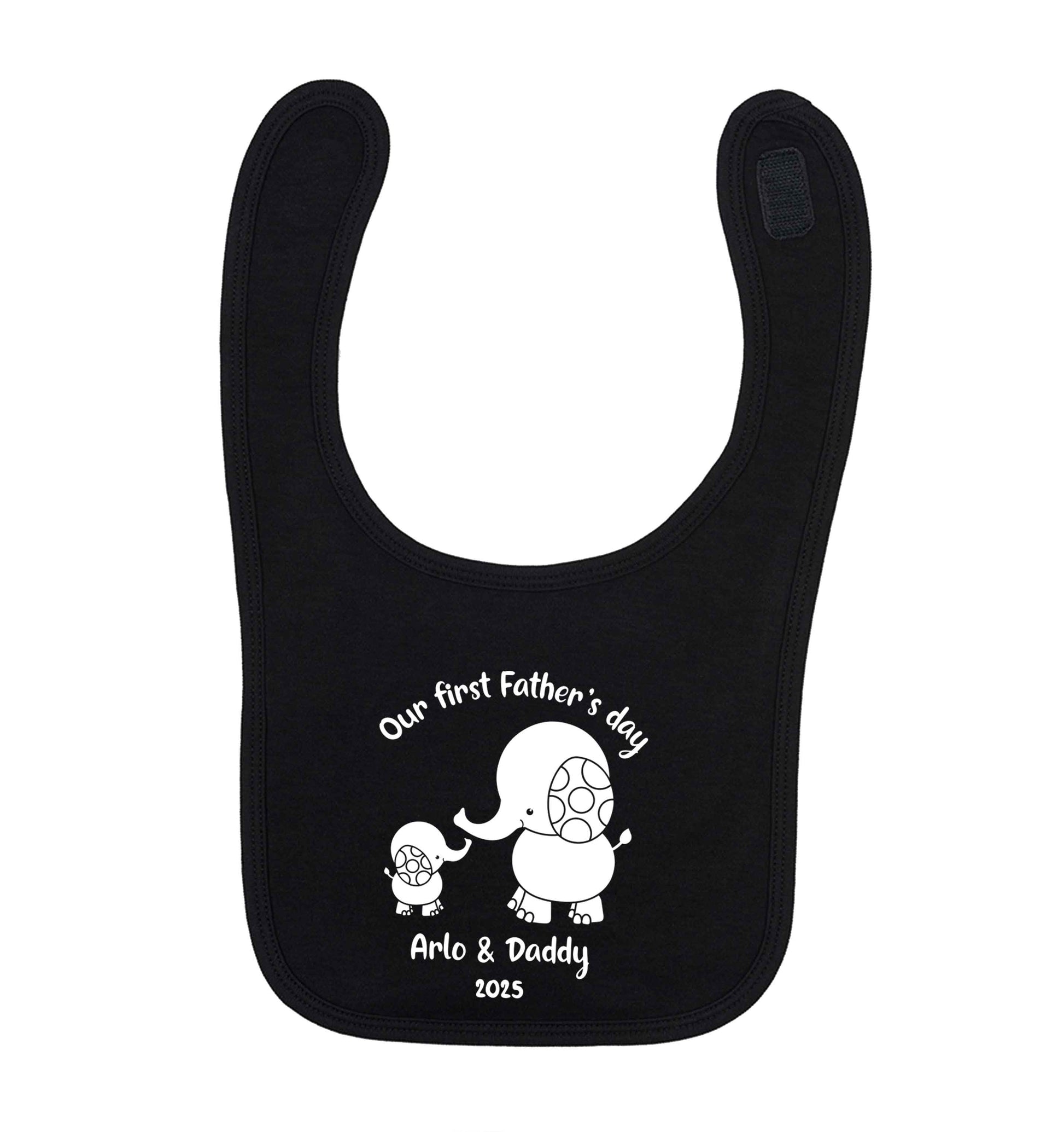 Our first Father's day personalised date and names black baby bib