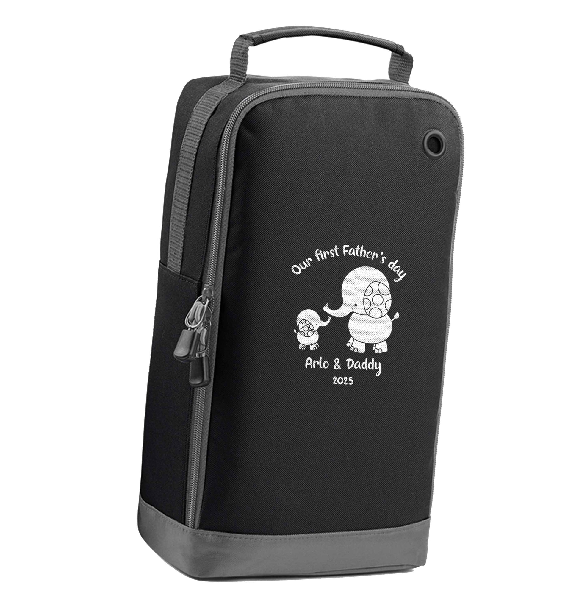 Our first Father's day personalised date and names black sports shoe bag vertical print