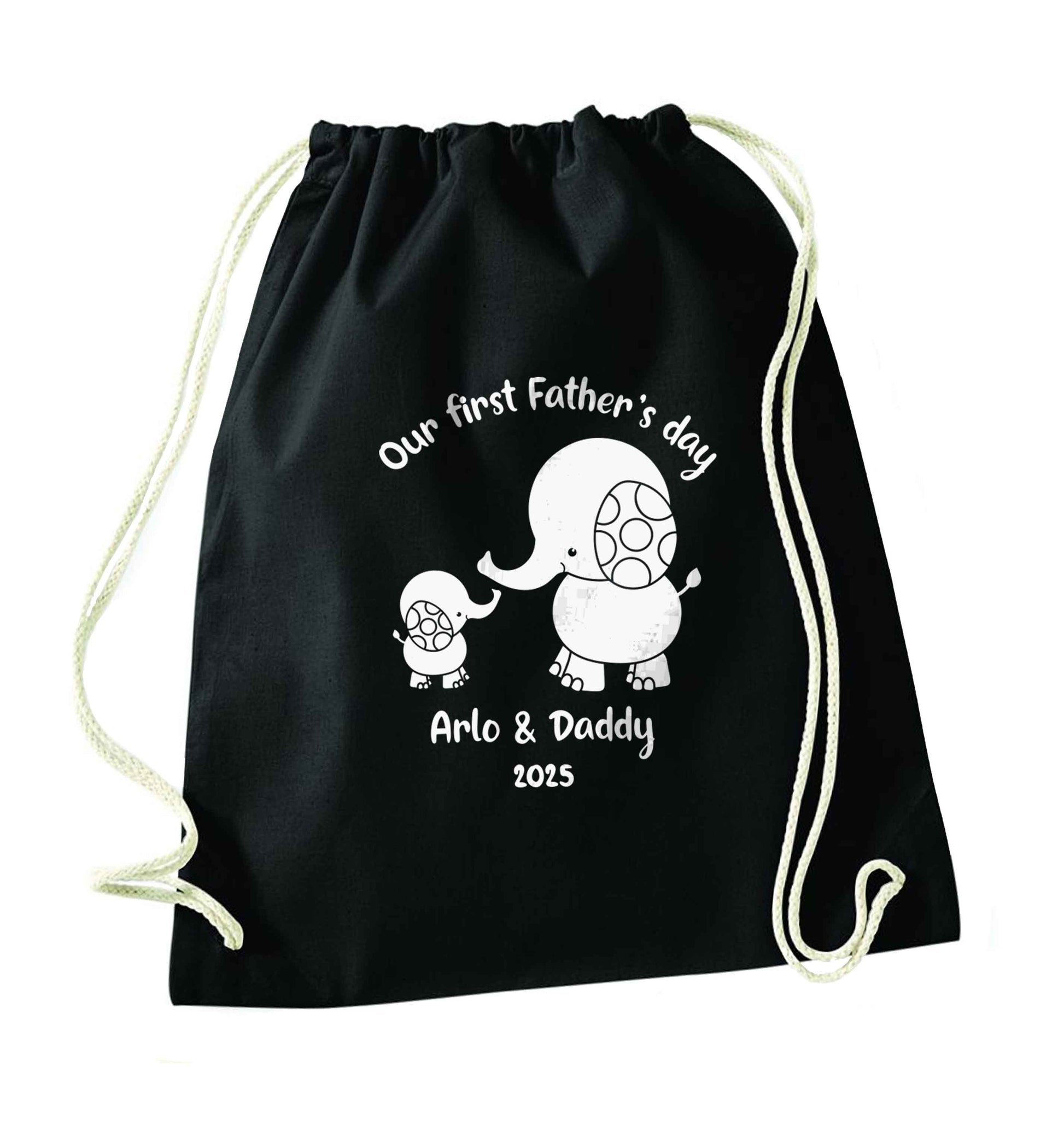 Our first Father's day personalised date and names black drawstring bag