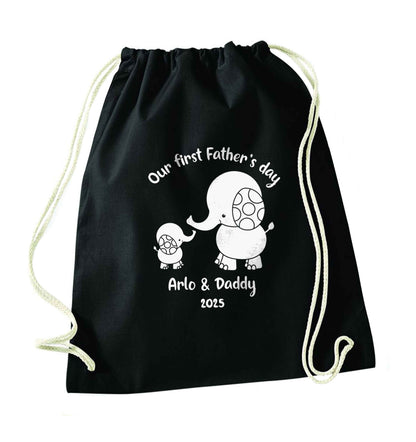 Our first Father's day personalised date and names black drawstring bag