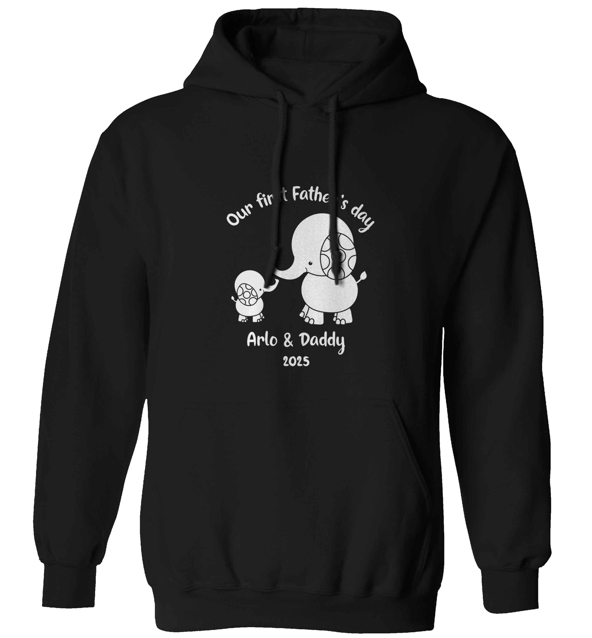 Our first Father's day personalised date and names adults unisex black hoodie 2XL