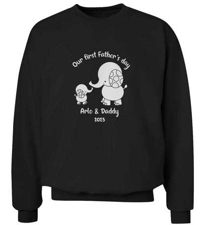Our first Father's day personalised date and names adult's unisex black sweater 2XL