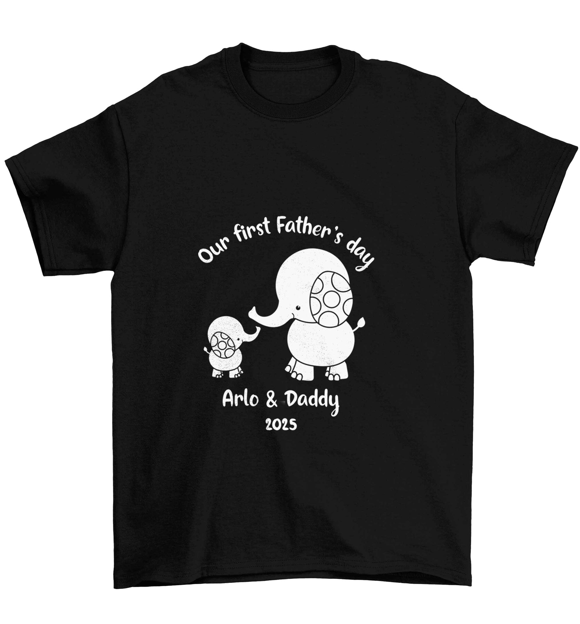 Our first Father's day personalised date and names Children's black Tshirt 12-13 Years