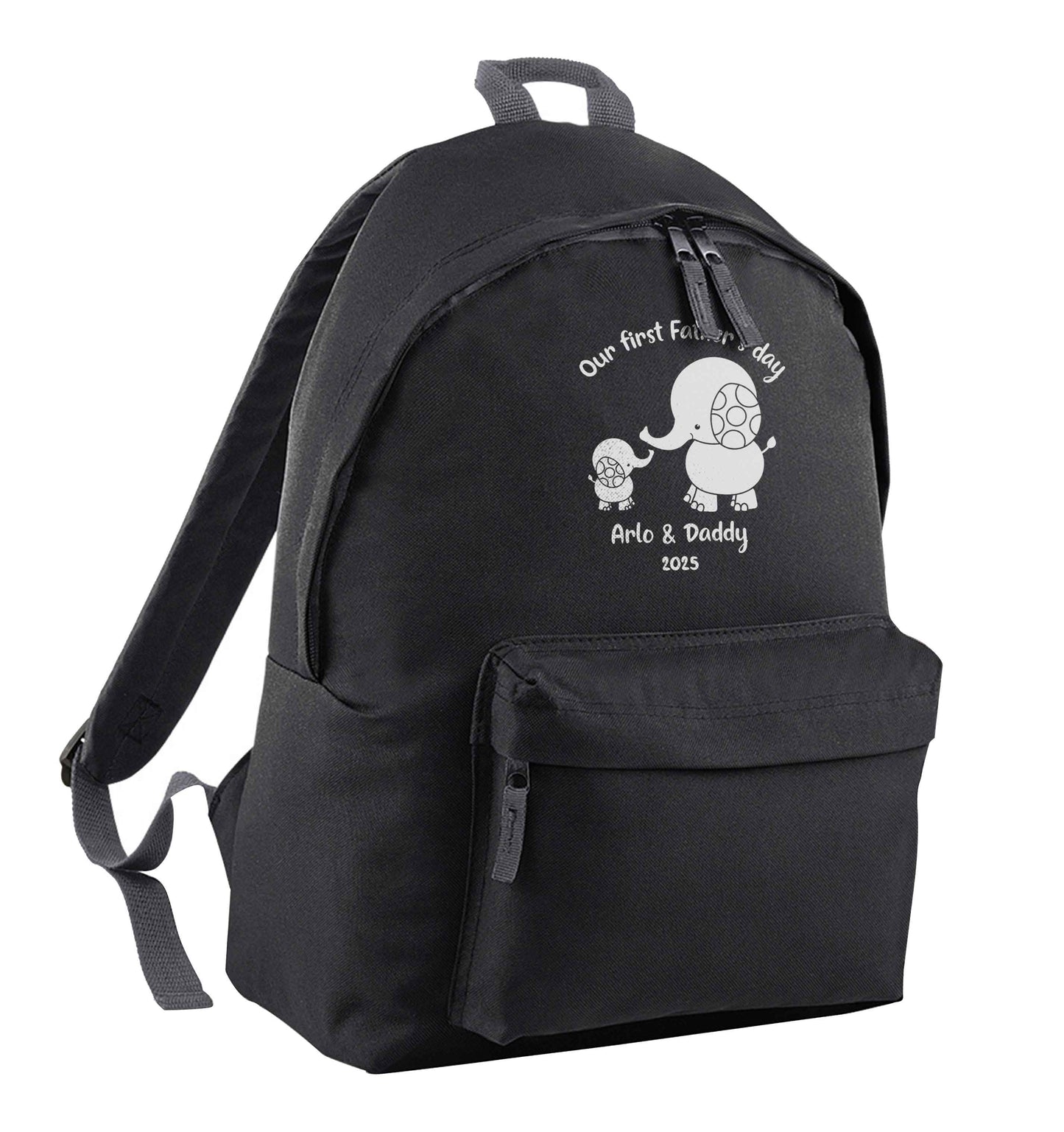 Our first Father's day personalised date and names black children's backpack