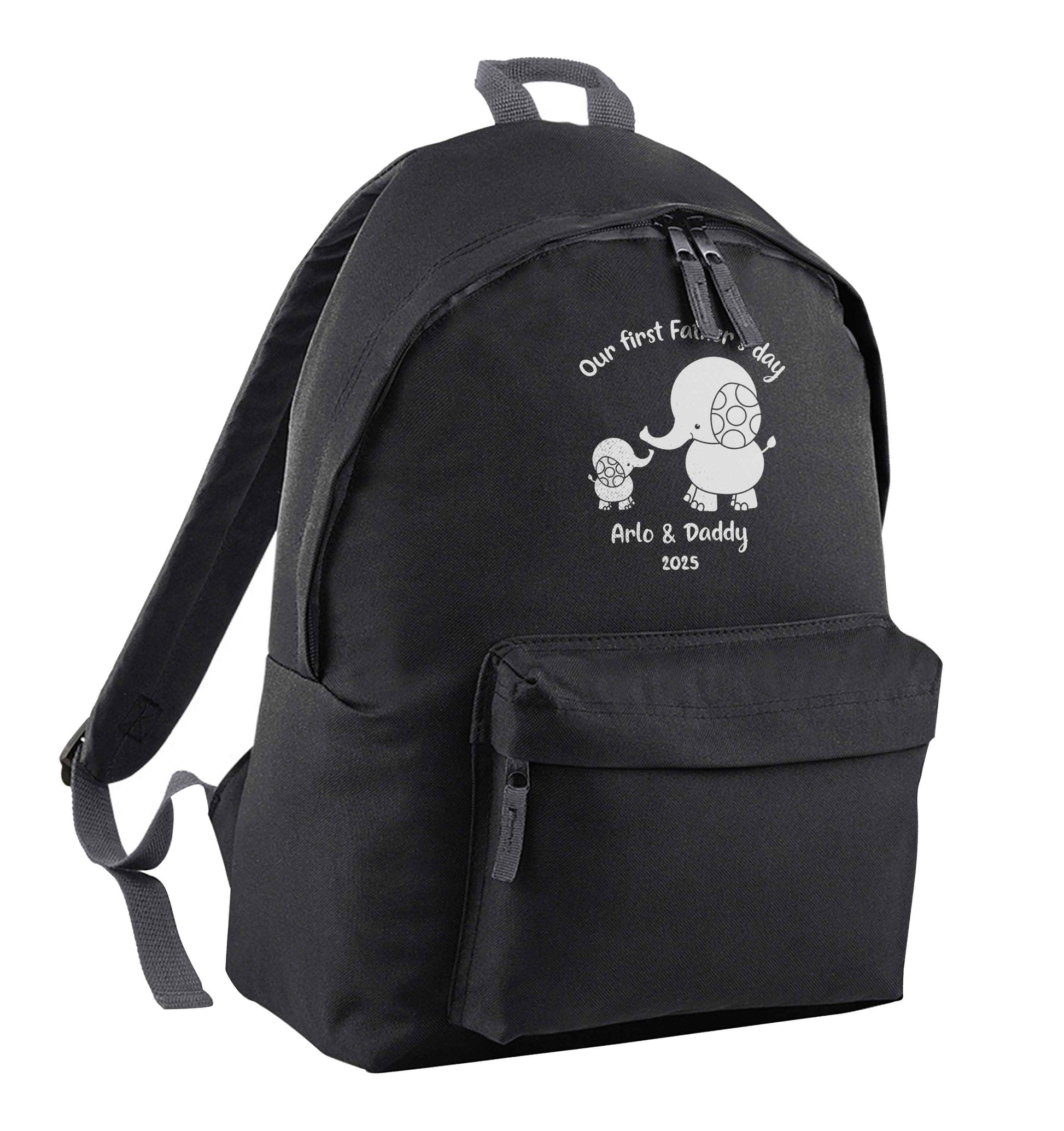 Our first Father's day personalised date and names black adults backpack